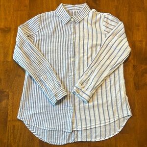 100% Cotton Button-Down With Asymmetrical Blue Vertical Stripes